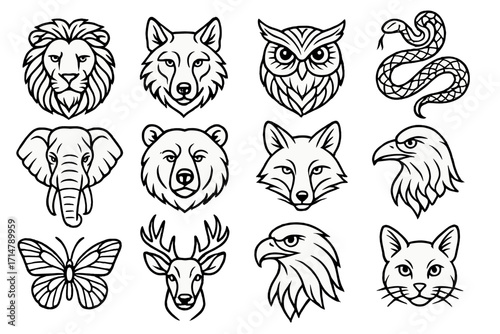 Animal Symbolism Icons. Line style icons of animal symbolism in tattoos: lion, wolf, owl, snake, elephant, bear, fox, raven,