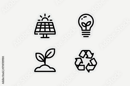 Clean energy and sustainability icons illustrating solar power plant light bulb growth and recycle symbol for ecological lifestyle and renewable resources