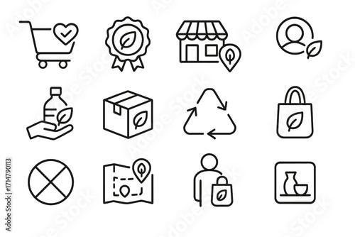 Eco-Conscious Icons. Line style icons of eco-conscious consumer behavior: ethical shopping cart, sustainable product badge, buy