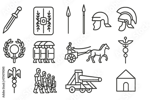 Roman Warfare Icons. Line style icons of Roman warfare: gladius sword, Roman shield (scutum), pilum spear, Roman helmet, centurion