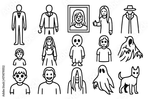 Urban Legend Icons. Line style icons of popular urban legend figures: Slender silhouette, hook hand icon, bloody face in mirror,