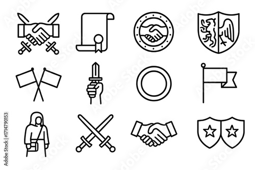 Historic Alliances Icons. Line style icons of historic alliances and pacts: handshake with swords, treaty scroll, alliance coin,