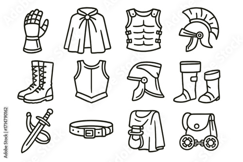 Historical Battle Gear Icons. Line style icons of historical battle gear: iron gauntlet, battle cloak, leather armor, greaves, war