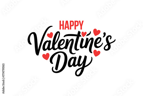 Elegant Happy Valentines Day Lettering Design with Red Hearts on a White Background for Celebrations and Greetings