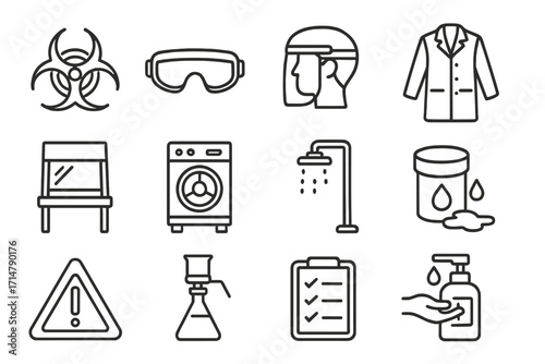 Lab Safety Icons. Line style icons of lab safety and equipment: biohazard symbol, safety goggles, face shield, lab coat, fume hood
