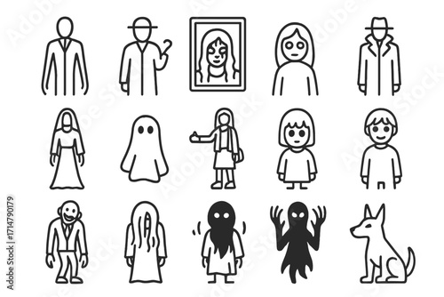 Urban Legend Icons. Line style icons of popular urban legend figures: Slender silhouette, hook hand icon, bloody face in mirror,