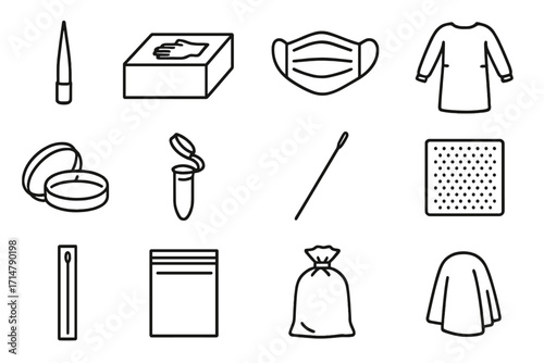 Disposable Microbiology Icons. Line style icons of disposable microbiology items: sterile pipette tip, gloves box, disposable mask