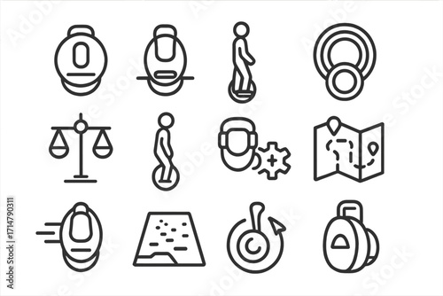Electric Unicycles Icons. Line style icons of one-wheel electric devices: single wheel unicycle, futuristic ride stance, unicycle
