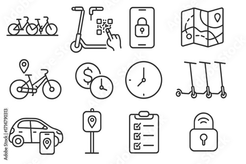 Micro-Mobility Line Icons. Line style icons of shared micro-mobility: bike-share dock, scooter QR scan, mobile unlock screen, city