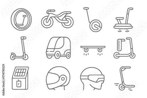 Futuristic Micro-Vehicles Icons. Line style icons of futuristic micro-vehicles: transparent wheel scooter, hover-cycle prototype,