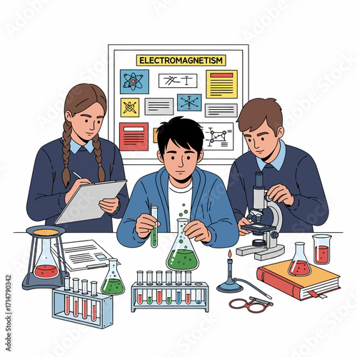 Three students in a science lab conducting experiments with beakers, test tubes, and a microscope under a poster about electromagnetism.