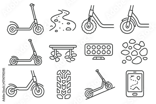 Off-Road Scooter Icons. Line style icons of terrain-ready scooters: scooter with wide tires, dirt path ride icon, suspension
