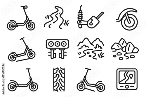 Off-Road Scooter Icons. Line style icons of terrain-ready scooters: scooter with wide tires, dirt path ride icon, suspension
