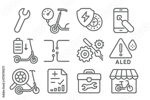 Scooter Maintenance Icons. Line style icons of compact ride maintenance: mini wrench icon, tire pressure check, electric brake