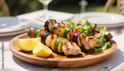 Grilled chicken skewers with zucchini and eggplant slices served on a round wooden plate with lemon wedges