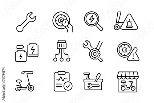 Scooter Maintenance Icons. Line style icons of compact ride maintenance: mini wrench icon, tire pressure check, electric brake