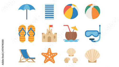 Summer Holiday Flat Design Elements Collection Vacation at the Beach and Seaside Fun Set of Summer Time Isolated Objects