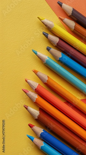 Colorful Arrangement of Pencils on a Bright Yellow Surface Showing Creative P...