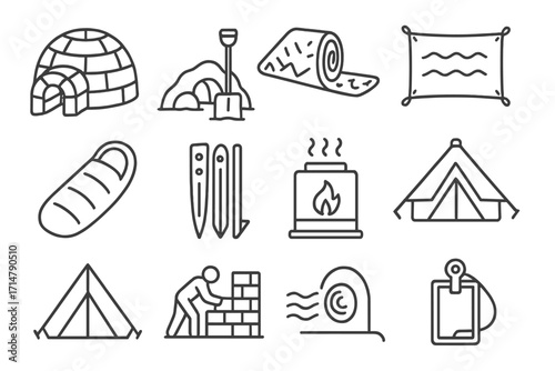 Cold Weather Shelter Icons. Line style icons of cold weather shelter gear: igloo structure, snow cave shovel, insulated ground mat