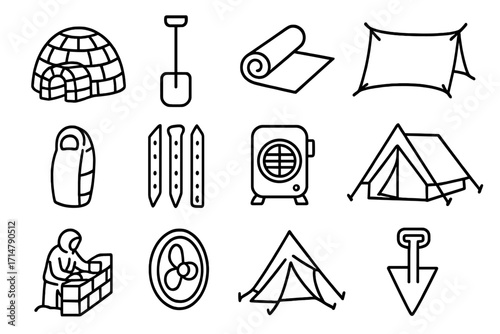 Cold Weather Shelter Icons. Line style icons of cold weather shelter gear: igloo structure, snow cave shovel, insulated ground mat