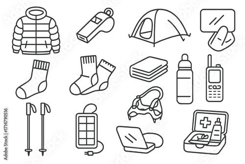 Polar Expedition Essentials. Line style icons of polar expedition essentials: down jacket, emergency whistle, sub-zero tent,