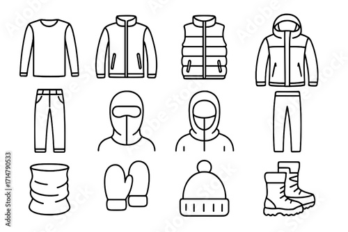 Extreme Cold Gear Icons. Line style icons of extreme cold clothing layers: base thermal layer, mid fleece jacket, down vest, shell