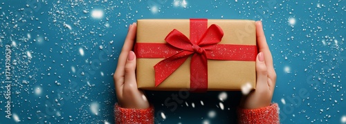 Holiday Gift Wrapped With Red Ribbon Held by Hands Against a Snowy Blue Backg...