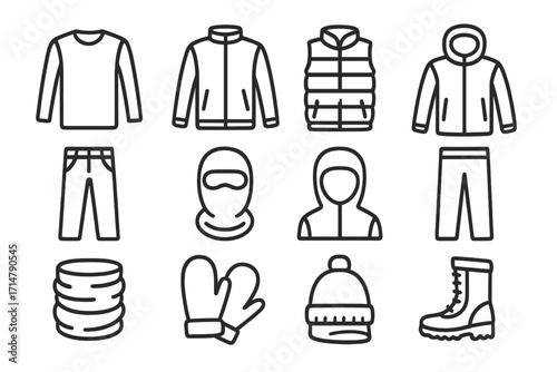 Extreme Cold Gear Icons. Line style icons of extreme cold clothing layers: base thermal layer, mid fleece jacket, down vest, shell