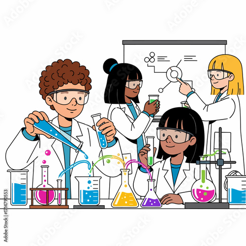 Diverse group of young students in a science lab conducting experiments with colorful liquids in beakers and test tubes.