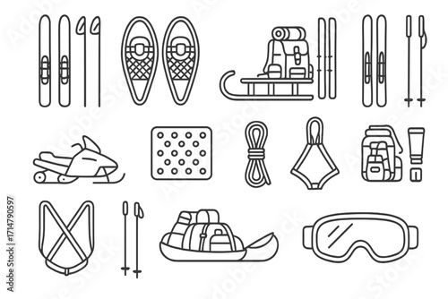 Snow Travel Icons. Line style icons of snow travel equipment: cross-country skis, snowshoes, sled with gear, alpine skis,
