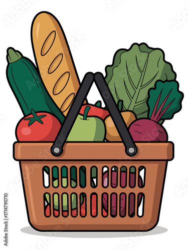 Fresh and Healthy Grocery Shopping Basket Filled with Vegetables Fruits and a Loaf of Bread Cartoon Illustration