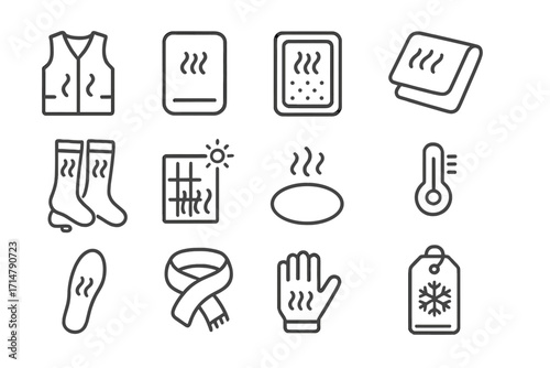 Thermal Regulation Icons. Line style icons of thermal regulation items: heated vest icon, handwarmer pack, chemical heat pack,