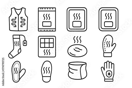 Thermal Regulation Icons. Line style icons of thermal regulation items: heated vest icon, handwarmer pack, chemical heat pack,