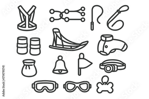Sled Dog Gear Icons. Line style icons of sled dog gear: dog harness, sled rope system, musher whip icon, paw protection boots,