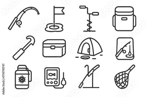 Frozen Water Gear Icons. Line style icons of frozen water gear: ice fishing rod, frozen lake marker, hole drill auger, insulated