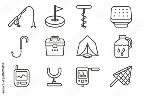 Frozen Water Gear Icons. Line style icons of frozen water gear: ice fishing rod, frozen lake marker, hole drill auger, insulated