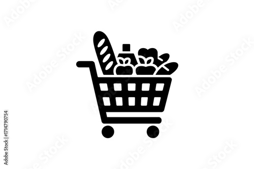 Shopping Cart Icon Filled with Groceries Representing Convenience and Consumerism in a Simple Vector Illustration