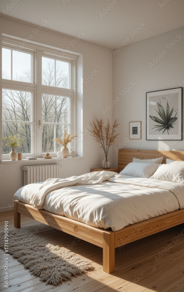 Fototapeta premium Cozy Scandinavian Bedroom with Natural Light and Minimalist Decor