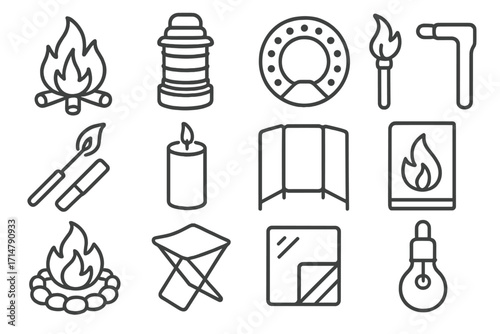 Camping Essentials Icons. Line style icons of campfire and light gear: collapsible lantern, LED fire ring, safe ignition tool,