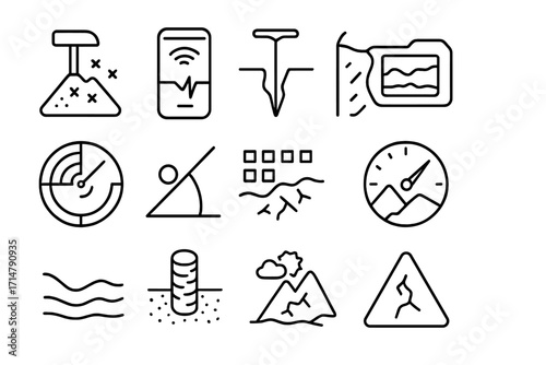 Frozen Terrain Detection Icons. Line style icons of frozen terrain detection: snow hardness tester, hidden crack sensor, crevasse