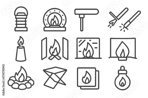 Camping Essentials Icons. Line style icons of campfire and light gear: collapsible lantern, LED fire ring, safe ignition tool,