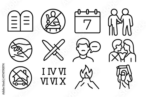 Ten Commandments Icons. Line style icons of Ten Commandments: stone tablets icon, “no idols” symbol, sabbath day calendar,
