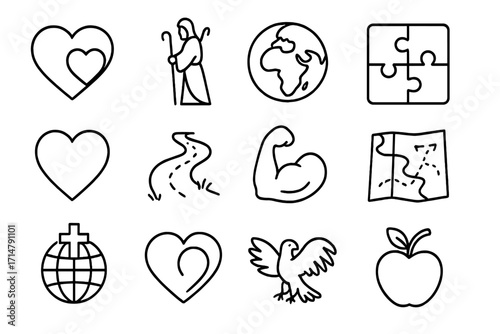 Bible Verse Icons. Line style icons of famous Bible verses: John 3:16 heart, Psalm 23 shepherd, Genesis 1:1 globe, Romans 8:28