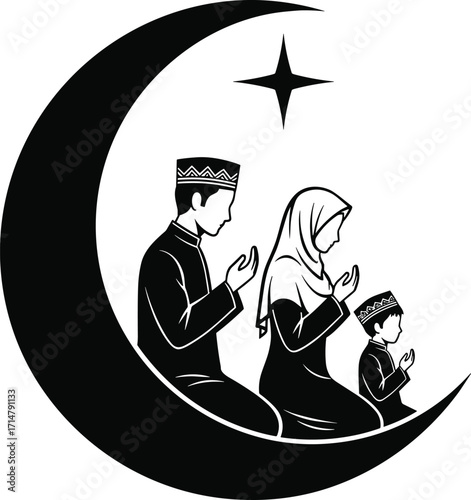 Islamic family praying silhouette, crescent moon and star background, Muslim parents and child in devotion, Ramadan spirituality,