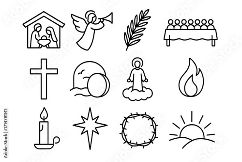 Christian Holiday Icons. Line style icons of Christian holidays in Bible: nativity scene, angel proclamation, Palm Sunday branch,