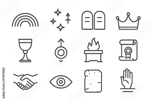 Biblical Covenant Icons. Line style icons of biblical covenants: rainbow for Noah, stars for Abraham, tablets for Moses, crown for