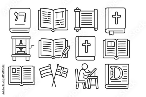Bible Translation History Icons. Line style icons of Bible translation history: Hebrew script icon, Greek codex, Latin Vulgate