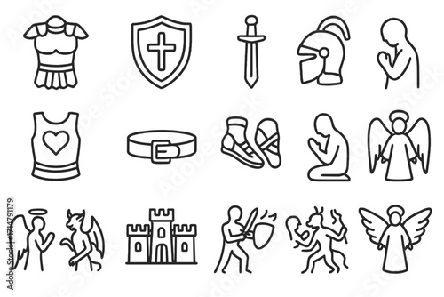 Spiritual Warfare Icons. Line style icons of spiritual warfare in Bible: armor of God set, shield of faith, sword of spirit,