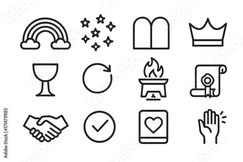 Biblical Covenant Icons. Line style icons of biblical covenants: rainbow for Noah, stars for Abraham, tablets for Moses, crown for