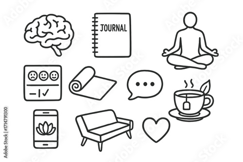 Therapy & Mindfulness Icons. Mental health and therapy doodle icons including brain, journal, meditation pose, yoga mat, mood